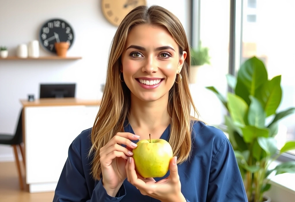 Professionelle Ernährungsberaterin lächelt und hält einen gesunden Apfel